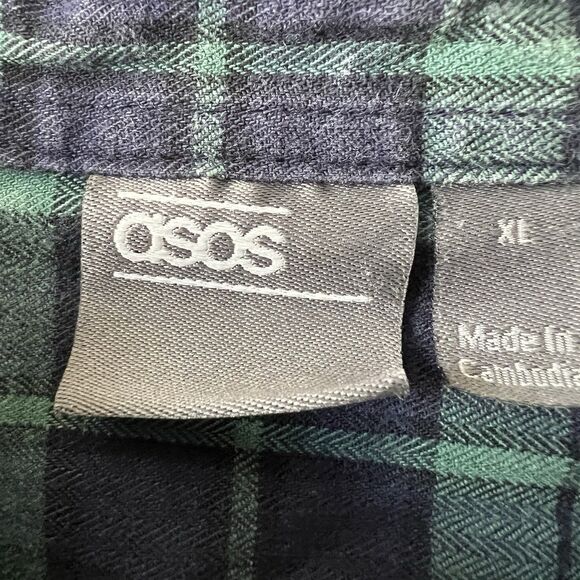 ASOS Plaid Button Up Long Sleeve Slim Fit Shirt Mens Sz XL Navy Green Flannel - Picture 5 of 9